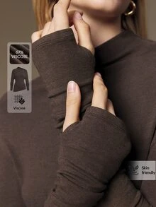 Ontre 女款酒紅色不對稱領發熱面料上衣，現代都市時尚商務休閒辦公穿搭，低調老錢風優雅高端通勤機場造型，舒適百搭T恤 - 咖啡棕 - 查看 6