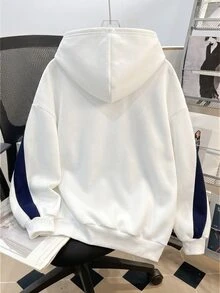 SHEIN 青少年女孩拼色字母印花寬鬆休閒連帽衛衣 秋冬款 - 白色 - 查看 2