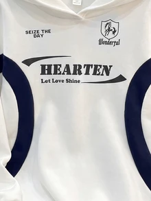SHEIN 青少年女孩拼色字母印花寬鬆休閒連帽衛衣 秋冬款 - 白色 - 查看 7