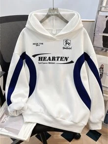 SHEIN 青少年女孩拼色字母印花寬鬆休閒連帽衛衣 秋冬款 - 白色 - 查看 8