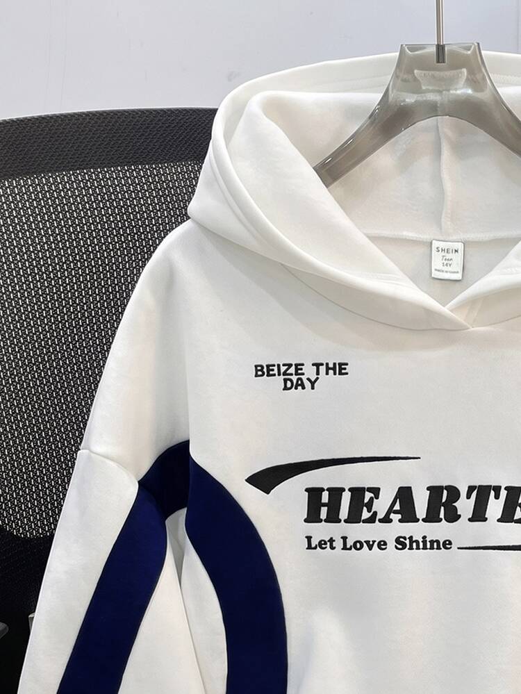 SHEIN Tween Girl Colorblock Letter Print Pattern Loose Casual Hoodie Sweatshirt In Fall/Winter - White - View 5
