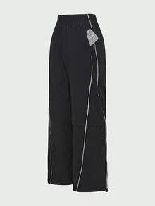SHEIN Cheerettes 女款彈性腰寬腿寬鬆休閒運動長褲 - 黑色 - 查看 4