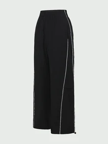 SHEIN Cheerettes 女款彈性腰寬腿寬鬆休閒運動長褲 - 黑色 - 查看 10