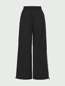 SHEIN Cheerettes 女款彈性腰寬腿寬鬆休閒運動長褲 - 黑色 - 查看 6