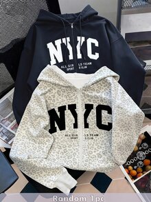 (Tween Girl) 可愛甜美度假休閒百搭豹紋字母印花雙層帽拉鍊前口袋寬鬆夾克，秋冬款 - 彩色 - 查看 1