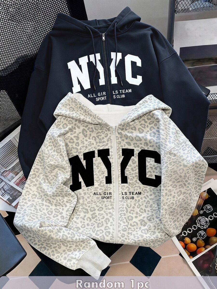(Tween Girl) 可愛甜美度假休閒百搭豹紋字母印花雙層帽拉鍊前口袋寬鬆夾克,秋冬款 - 彩色 - 查看 1