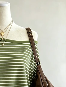Lalippa Green And White Striped Digital Print Fashion Simple Women's Round Neck T-Shirt Friend's Gift Travel Summer Casual - Multicolor - View 3