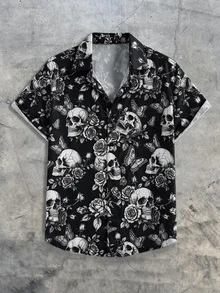 AXEPEAK Men's Skull Print Short Sleeve Single-Breasted Casual Shirt - Black - View 1