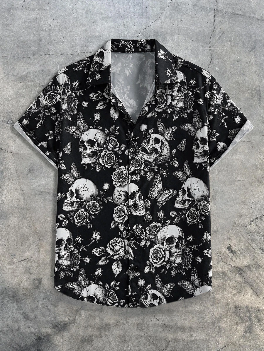 AXEPEAK Men's Skull Print Short Sleeve Single-Breasted Casual Shirt - Black - View 1