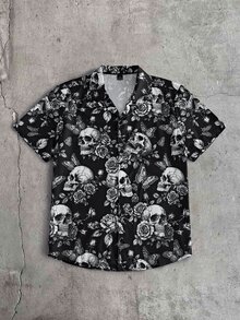 AXEPEAK Men's Skull Print Short Sleeve Single-Breasted Casual Shirt - Black - View 5