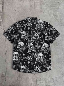 AXEPEAK Men's Skull Print Short Sleeve Single-Breasted Casual Shirt - Black - View 2