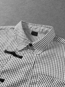 SUMWON Cropped Boxy Checked Shirt With Frog Toggle Closures Asymmetric Placket And Chest Pocket Short Sleeve Summer Layering Top - Black and White - View 2