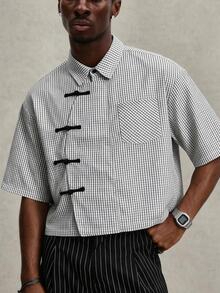 SUMWON Cropped Boxy Checked Shirt With Frog Toggle Closures Asymmetric Placket And Chest Pocket Short Sleeve Summer Layering Top - Black and White - View 1