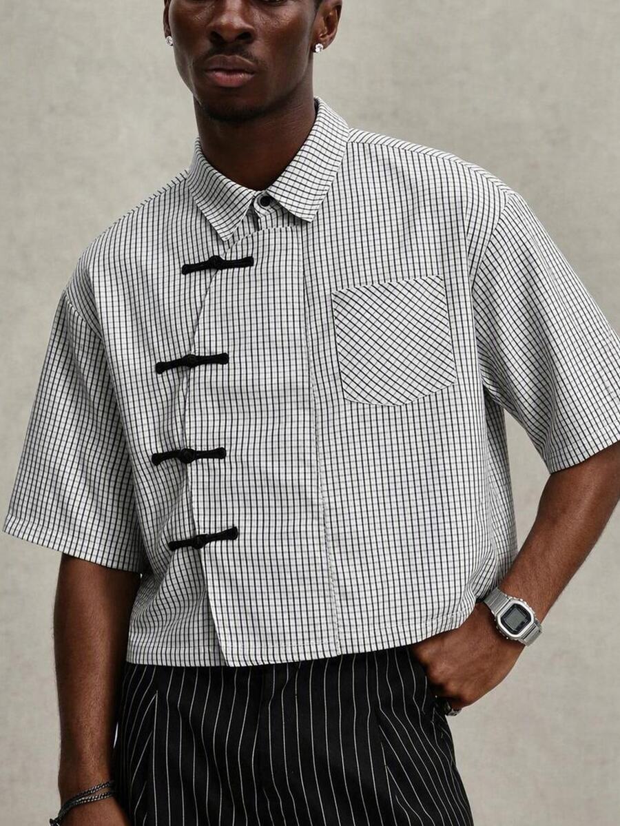 SUMWON Cropped Boxy Checked Shirt With Frog Toggle Closures Asymmetric Placket And Chest Pocket Short Sleeve Summer Layering Top - Black and White - View 1