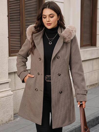 SHEIN LUNE Plus Houndstooth Print Double Breasted Overcoat Office Evening Formal  Brown Autumn Elegant Curve Elegante Winter