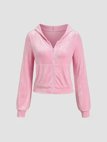 Sweetra Autumn/Winter Simple Basic Casual Commute Style Sweet Pink Short Zip-Up Hoodie & Long Pants 2 Pieces Set With Collegiate Sporty Vibe - Pink - View 3