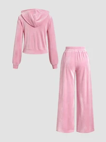 Sweetra Autumn/Winter Simple Basic Casual Commute Style Sweet Pink Short Zip-Up Hoodie & Long Pants 2 Pieces Set With Collegiate Sporty Vibe - Pink - View 2