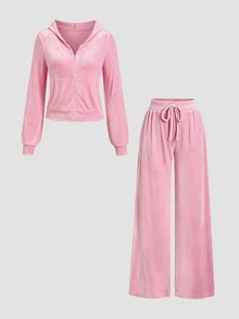 Sweetra Autumn/Winter Simple Basic Casual Commute Style Sweet Pink Short Zip-Up Hoodie & Long Pants 2 Pieces Set With Collegiate Sporty Vibe - Pink - View 1