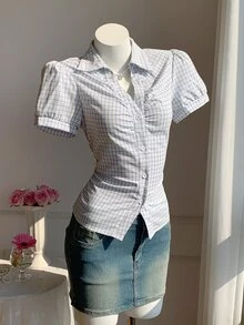 Comfortcana 女款夏季休閒格紋泡泡袖上衣 - 灰色 - 查看 10