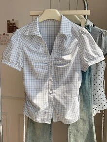 Comfortcana 女款夏季休閒格紋泡泡袖上衣 - 灰色 - 查看 5