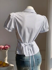 Comfortcana 女款夏季休閒格紋泡泡袖上衣 - 灰色 - 查看 2