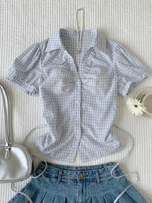 Comfortcana 女款夏季休閒格紋泡泡袖上衣 - 灰色 - 查看 1
