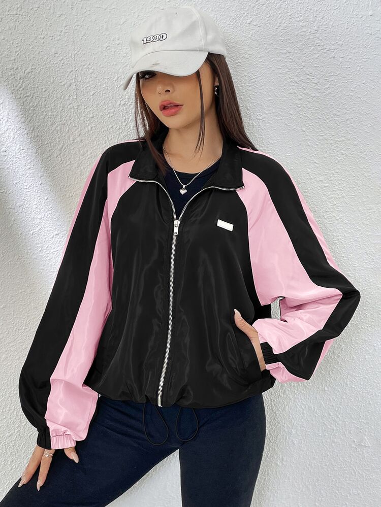 SHEIN EZwear Spring Colorblock Raglan Sleeve Drawstring Hem Zip Up Windbreaker Jacket In Fall/Winter - Multicolor - View 6