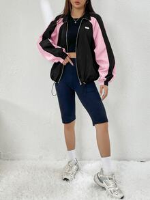 SHEIN EZwear Áo khoác gió kéo khóa phối màu xuân tay raglan gấu rút cho mùa thu/đông - Nhiều màu - Xem 3