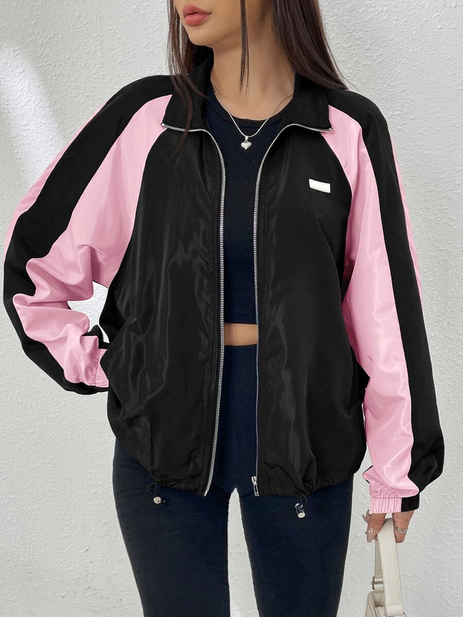SHEIN EZwear Áo khoác gió kéo khóa phối màu xuân tay raglan gấu rút cho mùa thu/đông - Nhiều màu - Xem 1