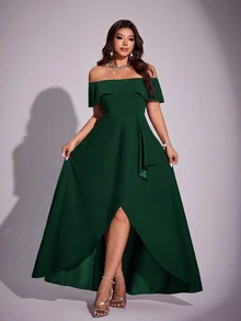Viva Relle Plus Size Women Elegant Romantic Off-Shoulder Fitted Fishtail Dress, Spring/Summer - Dark Green - View 4
