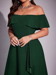 Viva Relle Plus Size Women Elegant Romantic Off-Shoulder Fitted Fishtail Dress, Spring/Summer - Dark Green - View 3