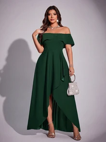 Viva Relle Plus Size Women Elegant Romantic Off-Shoulder Fitted Fishtail Dress, Spring/Summer - Dark Green - View 1