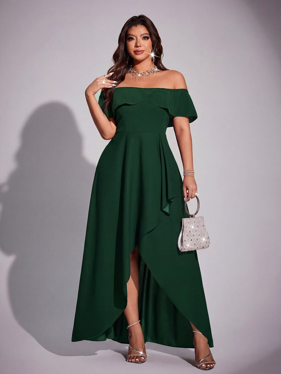 Viva Relle Plus Size Women Elegant Romantic Off-Shoulder Fitted Fishtail Dress, Spring/Summer - Dark Green - View 1