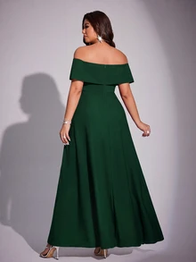 Viva Relle Plus Size Women Elegant Romantic Off-Shoulder Fitted Fishtail Dress, Spring/Summer - Dark Green - View 2