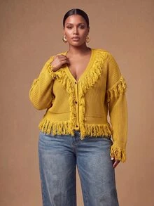 Veslaya Spring/Summer Women's Plus Size New Bold, Classy Feminine Style Tummy Control Fit Breathable Elegant Romantic Classic Yellow Knit Tassel V-Neck Cropped Top - Yellow - View 4