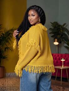 Veslaya Spring/Summer Women's Plus Size New Bold, Classy Feminine Style Tummy Control Fit Breathable Elegant Romantic Classic Yellow Knit Tassel V-Neck Cropped Top - Yellow - View 2