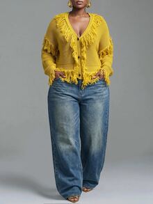 Veslaya Spring/Summer Women's Plus Size New Bold, Classy Feminine Style Tummy Control Fit Breathable Elegant Romantic Classic Yellow Knit Tassel V-Neck Cropped Top - Yellow - View 6