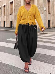Veslaya Spring/Summer Women's Plus Size New Bold, Classy Feminine Style Tummy Control Fit Breathable Elegant Romantic Classic Yellow Knit Tassel V-Neck Cropped Top - Yellow - View 3