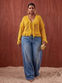 Veslaya Spring/Summer Women's Plus Size New Bold, Classy Feminine Style Tummy Control Fit Breathable Elegant Romantic Classic Yellow Knit Tassel V-Neck Cropped Top - Yellow - View 7
