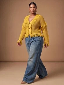 Veslaya Spring/Summer Women's Plus Size New Bold, Classy Feminine Style Tummy Control Fit Breathable Elegant Romantic Classic Yellow Knit Tassel V-Neck Cropped Top - Yellow - View 5
