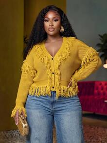 Veslaya Spring/Summer Women's Plus Size New Bold, Classy Feminine Style Tummy Control Fit Breathable Elegant Romantic Classic Yellow Knit Tassel V-Neck Cropped Top - Yellow - View 8