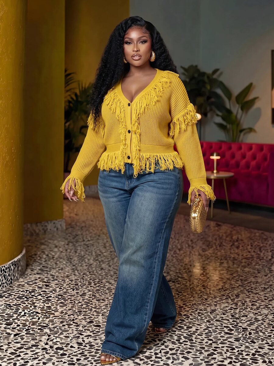 Veslaya Spring/Summer Women's Plus Size New Bold, Classy Feminine Style Tummy Control Fit Breathable Elegant Romantic Classic Yellow Knit Tassel V-Neck Cropped Top - Yellow - View 1
