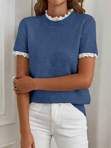 Isle Nomé Elegant Dusty Blue Crew Neck Lace Trim Knit Short Sleeve Sweater, Suitable For Commuting, Home, And Daily Wear, Autumn Teachers' Day Office - Blue - View 3