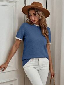 Isle Nomé Elegant Dusty Blue Crew Neck Lace Trim Knit Short Sleeve Sweater, Suitable For Commuting, Home, And Daily Wear, Autumn Teachers' Day Office - Blue - View 7