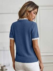 Isle Nomé Elegant Dusty Blue Crew Neck Lace Trim Knit Short Sleeve Sweater, Suitable For Commuting, Home, And Daily Wear, Autumn Teachers' Day Office - Blue - View 2