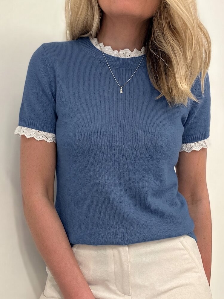 Isle Nomé Elegant Dusty Blue Crew Neck Lace Trim Knit Short Sleeve Sweater, Suitable For Commuting, Home, And Daily Wear, Autumn Teachers' Day Office - Blue - View 1