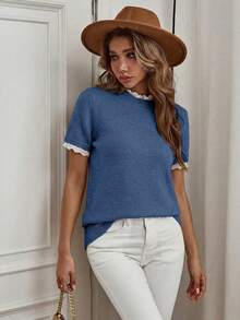 Isle Nomé Elegant Dusty Blue Crew Neck Lace Trim Knit Short Sleeve Sweater, Suitable For Commuting, Home, And Daily Wear, Autumn Teachers' Day Office - Blue - View 4