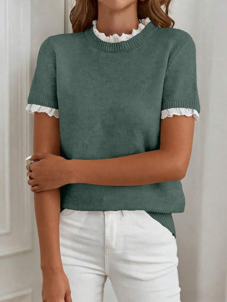 Isle Nomé Elegant Lace White Crew Neck Lace Trim Knit Short Sleeve Sweater, Suitable For Commuting, Home, And Daily Wear, Autumn Teachers' Day Brunch - Green - View 1