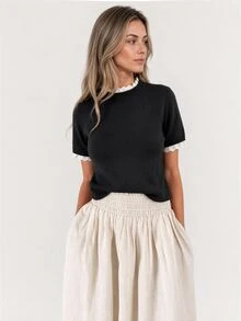 Yunfilé Elegant Apricot Crew Neck Lace Trim Knit Short Sleeve Sweater, Suitable For Commuting, Home, And Daily Wear, Spring/Summer - Black - View 4