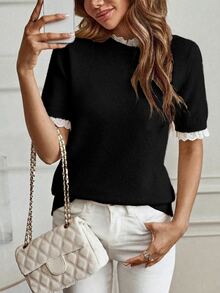 Yunfilé Elegant Apricot Crew Neck Lace Trim Knit Short Sleeve Sweater, Suitable For Commuting, Home, And Daily Wear, Spring/Summer - Black - View 8